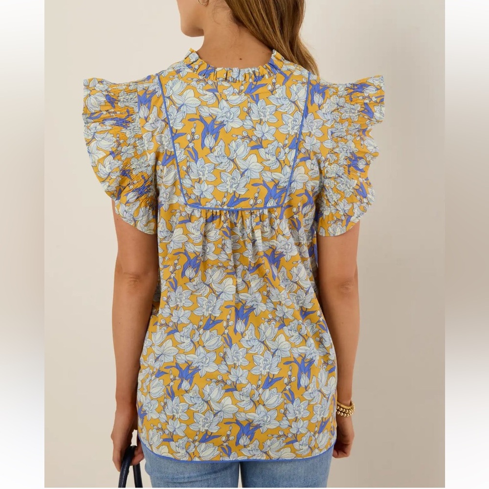 Avara Floral Ruffle Sleeve Top - Yellow and Blue Small (NWT) - Picture 4 of 4